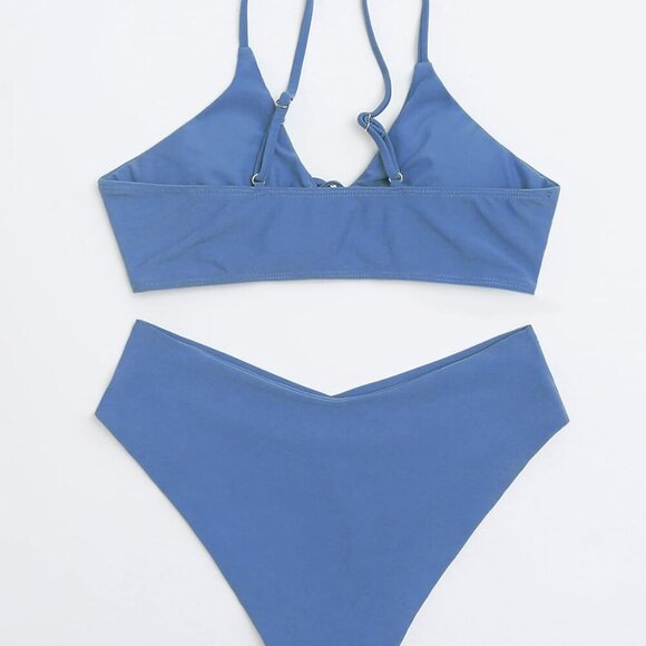 Women's High Cut String Triangle Bikini Set - Blue - Medium - Picture 4 of 5
